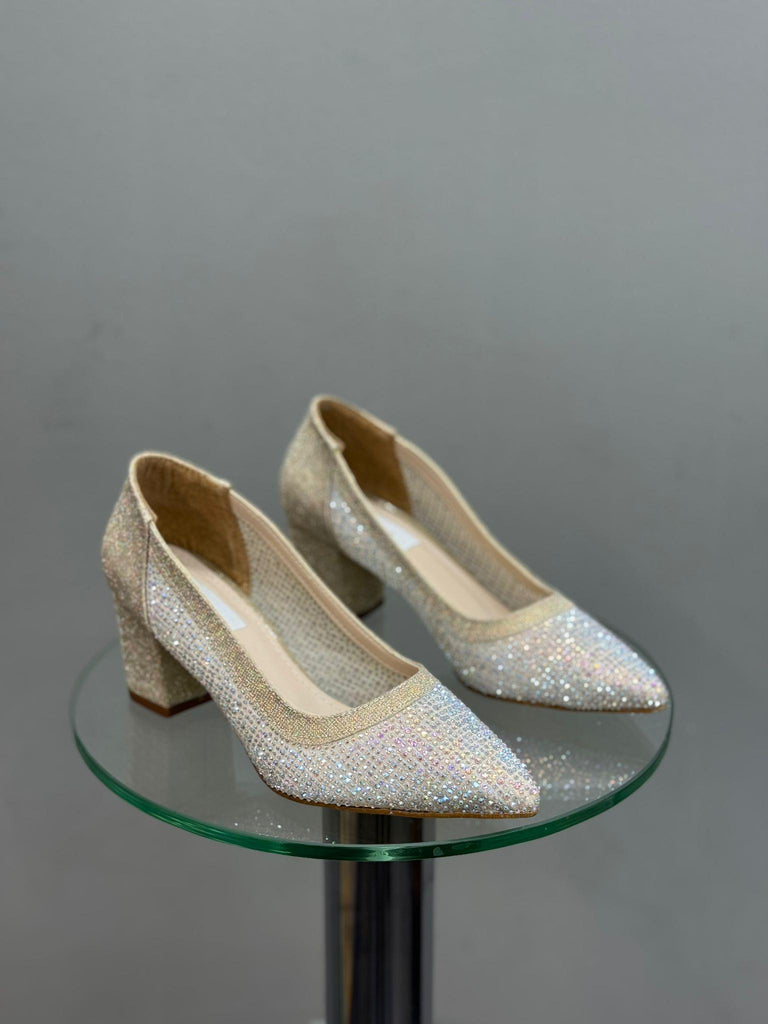 Altın Sim Taşlı Kadın Topuklu Abiye Ayakkabı