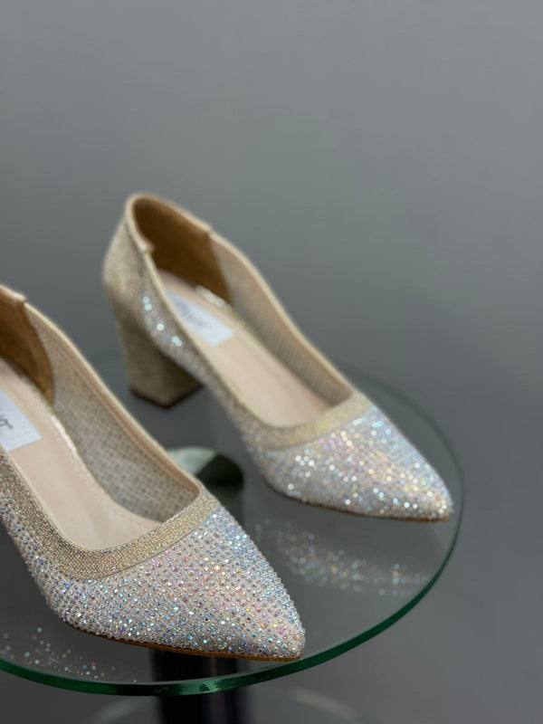 Altın Sim Taşlı Kadın Topuklu Abiye Ayakkabı