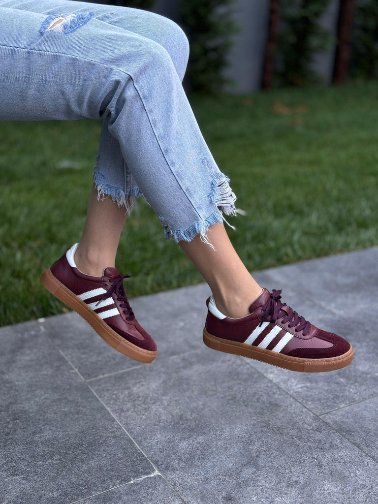 Bordo Beyaz Deri Kadın Günlük Ayakkabı