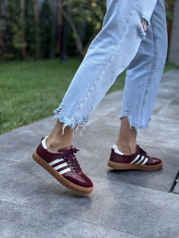 Bordo Beyaz Deri Kadın Günlük Ayakkabı