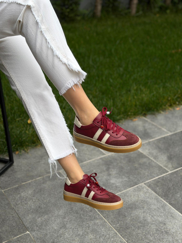 Bordo Deri Bağcıklı Kadın Günlük Spor