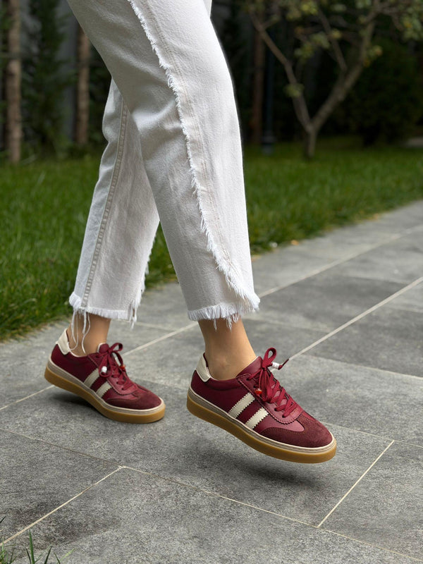 Bordo Deri Bağcıklı Kadın Günlük Spor