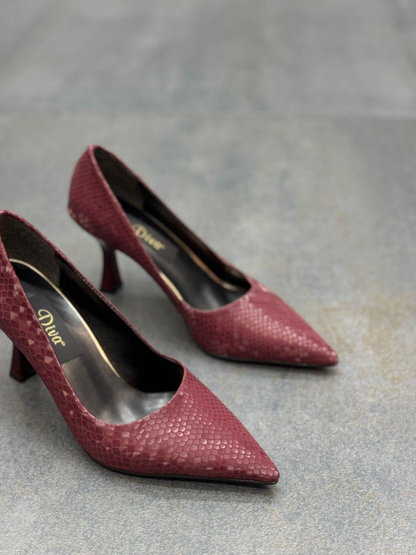 Bordo Kroko Kadın Topuklu Ayakkabı