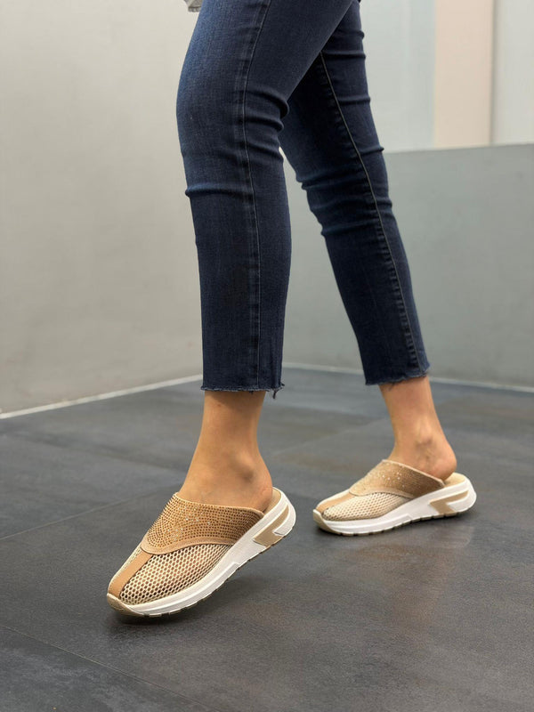 Diva Krem Taşlı Fileli Kadın Günlük Terlik