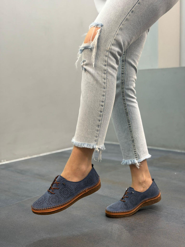 Diva Mavi Deri Lazerli Kadın Günlük Ayakkabı