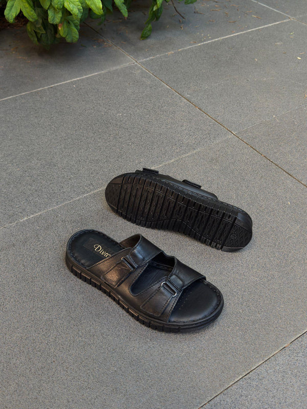 Diva Siyah Deri Çift Cırtlı Kadın Ortopedik Terlik