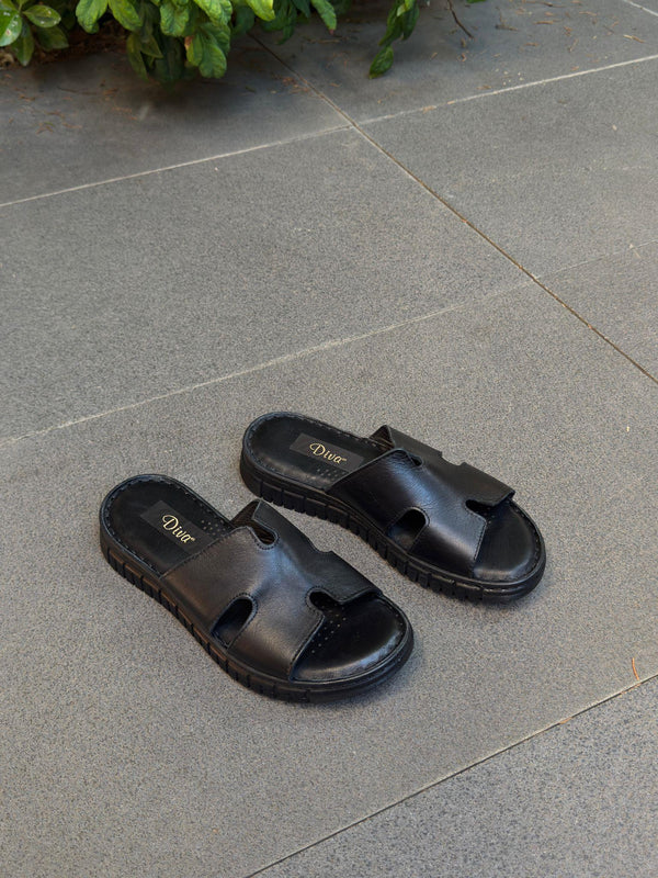 Diva Siyah Deri Ortopedik Kadın Günlük Terlik