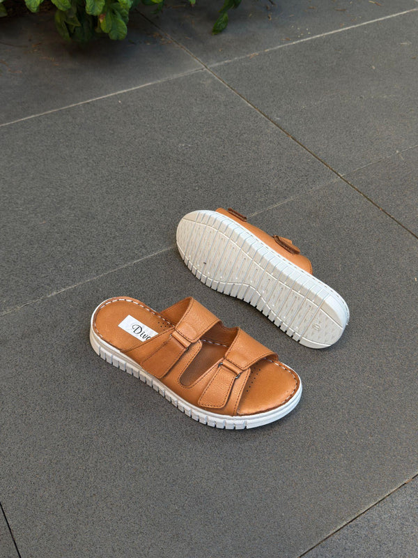 Diva Taba Deri Çift Cırtlı Kadın Ortopedik Terlik