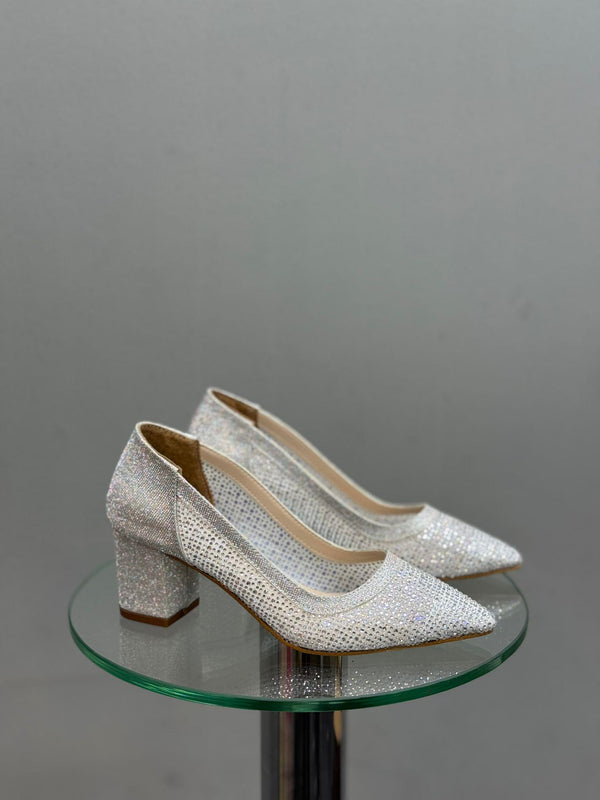 Gümüş Sim Taşlı Kadın Topuklu Abiye Ayakkabı