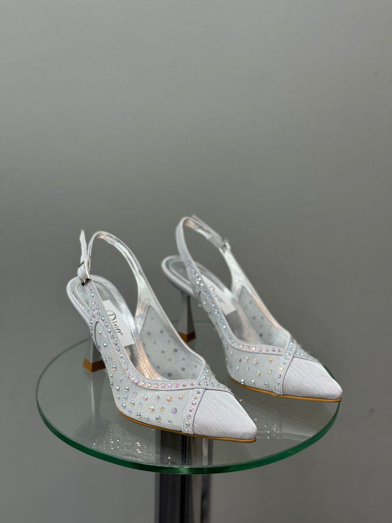 Gümüş Taşlı File Topuklu Kadın Ayakkabı