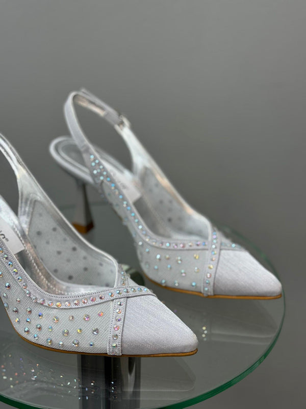 Gümüş Taşlı File Topuklu Kadın Ayakkabı
