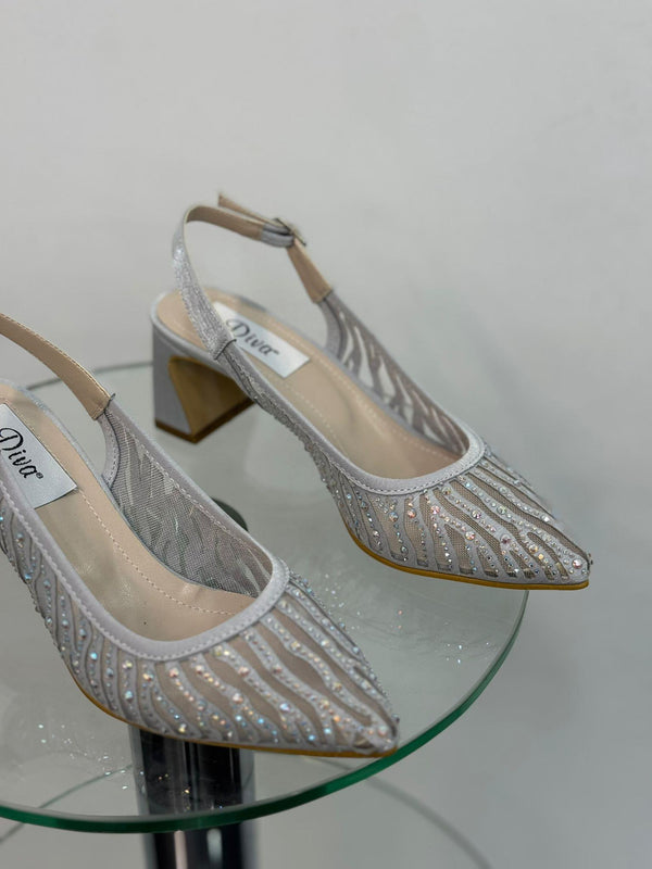 Gümüş Taşlı Fileli Topuklu Kadın Ayakkabı