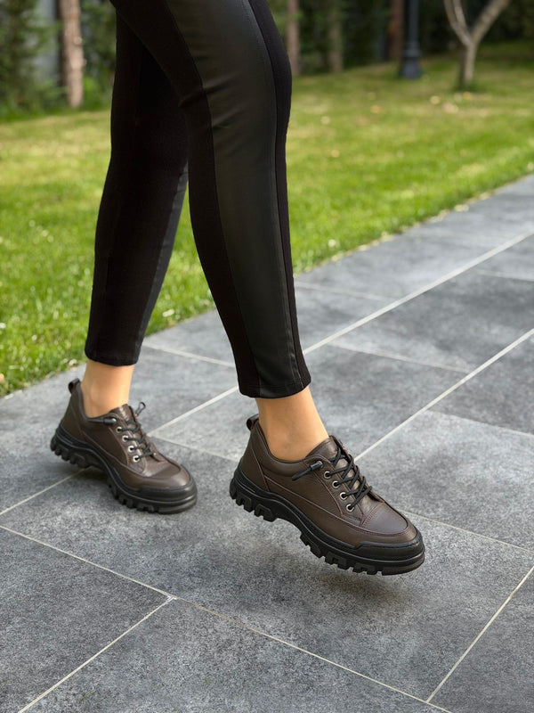 Kahve Deri Bağcıklı Kadın Günlük Ayakkabı