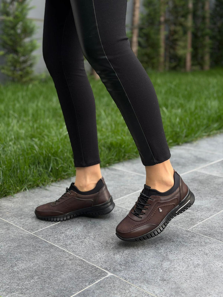 Kahve Deri Likralı Ortopedik Ayakkabı