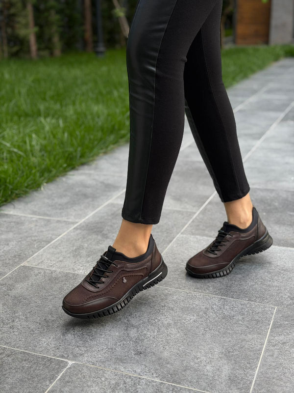 Kahve Deri Likralı Ortopedik Ayakkabı