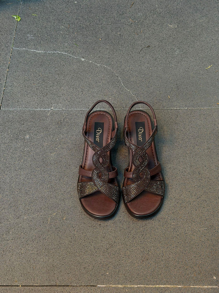 Kahve Deri Taşlı Topuklu Kadın Sandalet