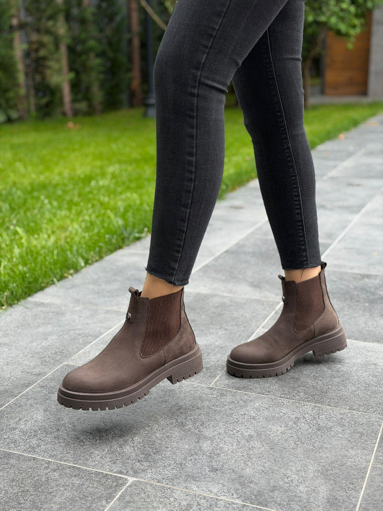 Kahve Floter Deri Lastikli Kadın Günlük Bot