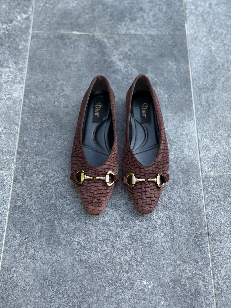 Kahve Kadife Baskı Kadın Günlük Babet