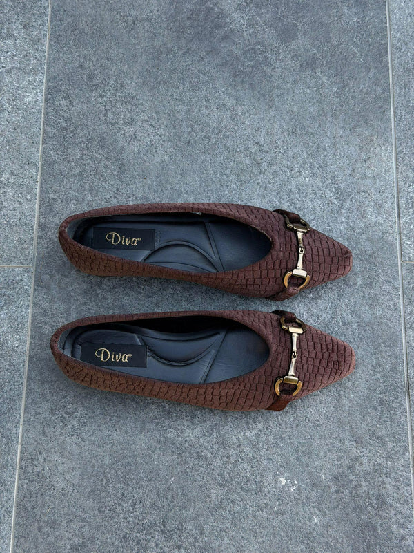 Kahve Kadife Baskı Kadın Günlük Babet