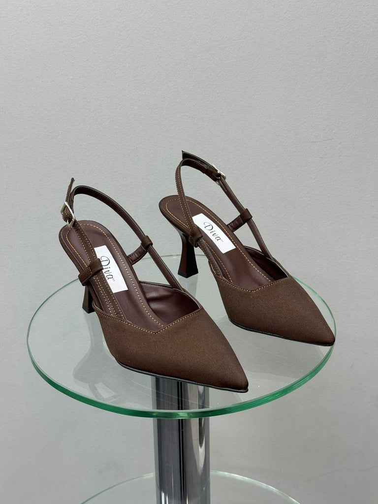 Kahve Saten İnce Topuklu Kadın Ayakkabı