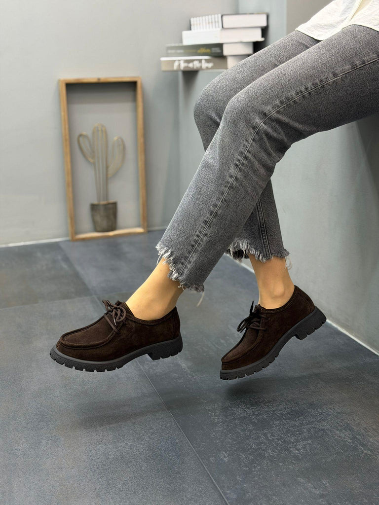 Kahve Süet Deri Bağcıklı Kadın Günlük Ayakkabı