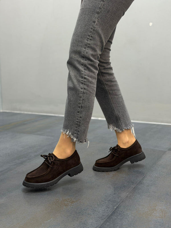 Kahve Süet Deri Bağcıklı Kadın Günlük Ayakkabı