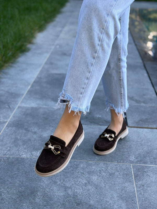 Kahve Süet Deri Tokalı Kadın Günlük Ayakkabı