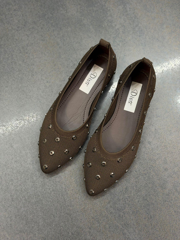 Kahve Triko Taşlı Kadın Günlük Babet