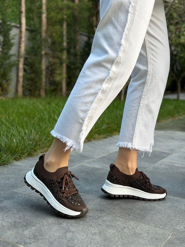 Kahve Triko Taşlı Kadın Günlük Spor Ayakkabı