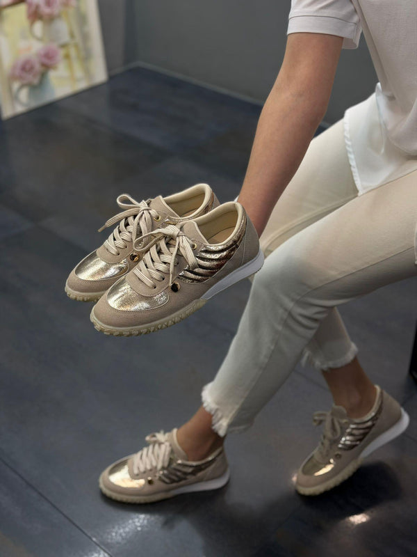 Krem Altın Bağcıklı Kadın Günlük Spor Ayakkabı