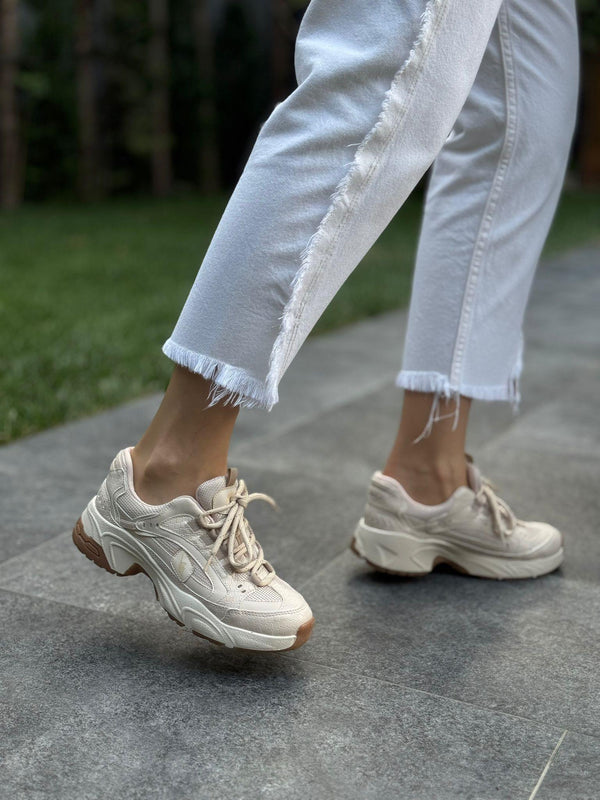 Krem Kroko Bağcıklı Kadın Günlük Spor