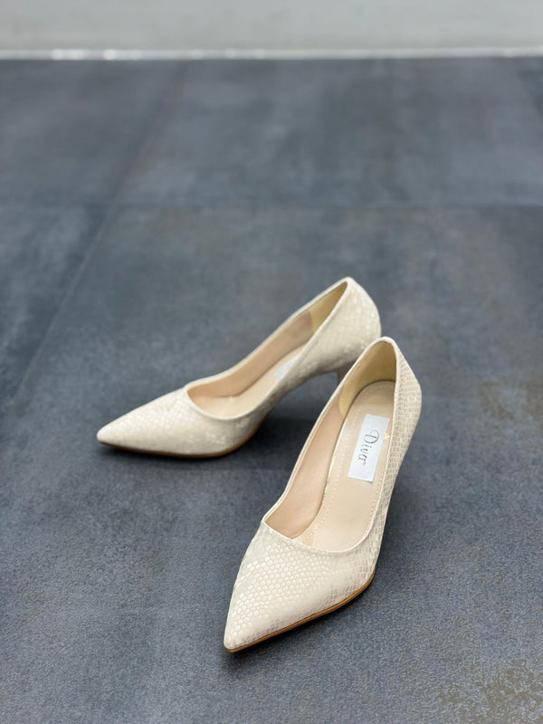 Krem Kroko Kadın Topuklu Ayakkabı