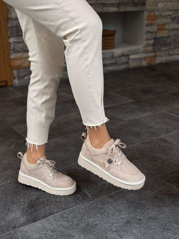 Krem Süet Bağcıklı Kadın Günlük Ayakkabı