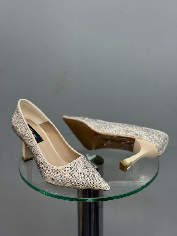 Krem Taşlı Topuklu Kadın Ayakkabı