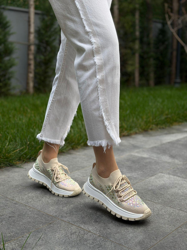 Krem Triko Taşlı Kadın Günlük Spor Ayakkabı