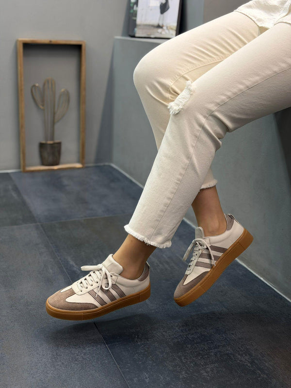 Krem Vizon Deri Kadın Günlük Spor Ayakkabı