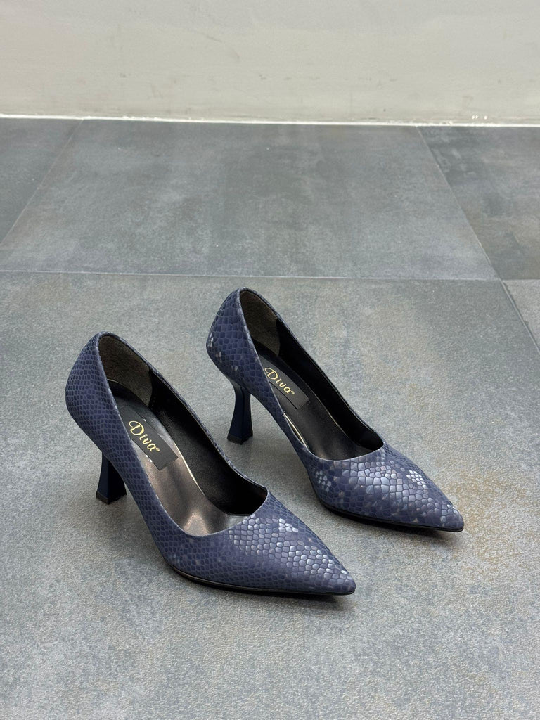 Lacivert Kroko Kadın Topuklu Ayakkabı