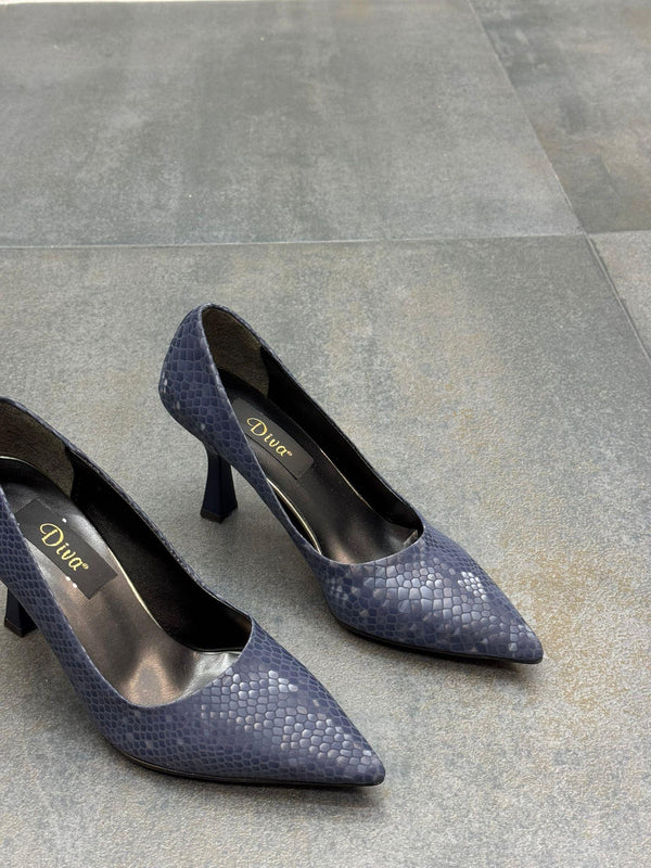 Lacivert Kroko Kadın Topuklu Ayakkabı