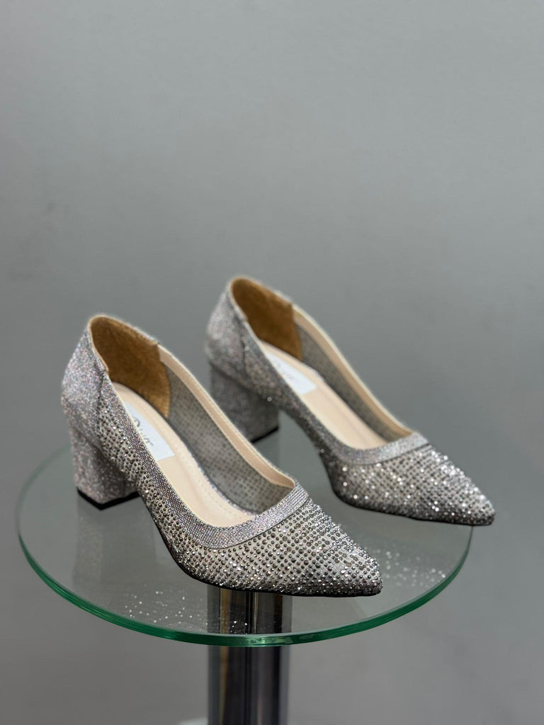 Platin Sim Taşlı Kadın Topuklu Abiye Ayakkabı