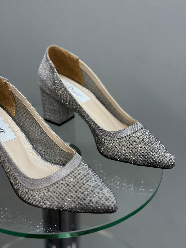 Platin Sim Taşlı Kadın Topuklu Abiye Ayakkabı