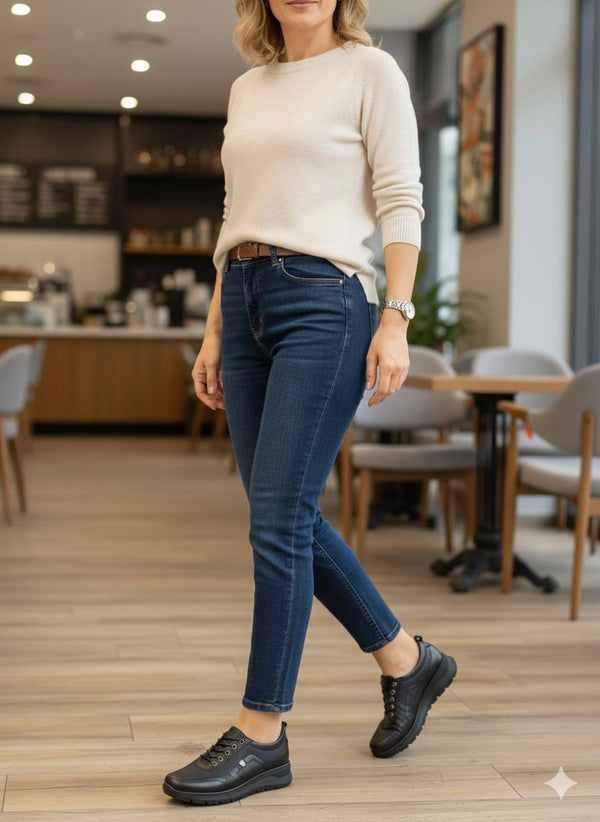 Siyah Deri Lazerli Ortopedik Kadın Ayakkabı