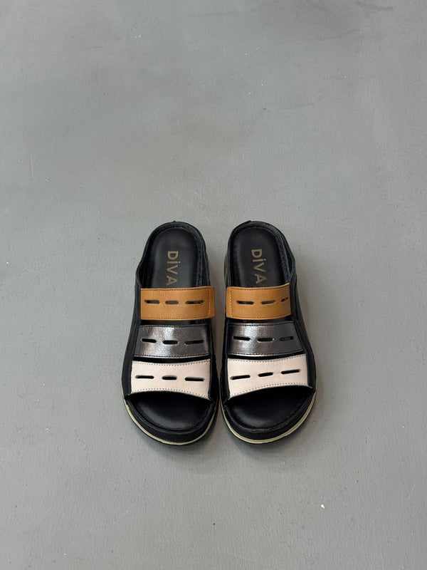 Siyah Deri Multi Ortopedik Kadın Günlük Terlik