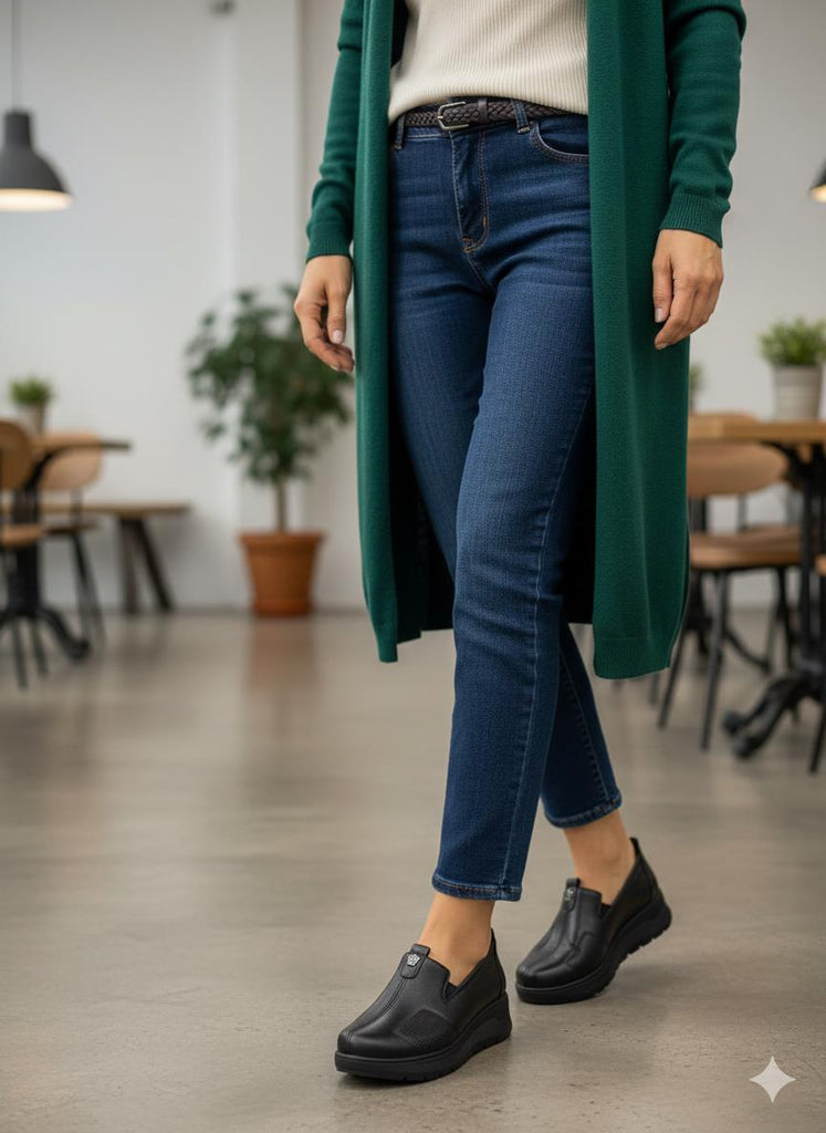 Siyah Deri Ortopedik Kadın Günlük Ayakkabı