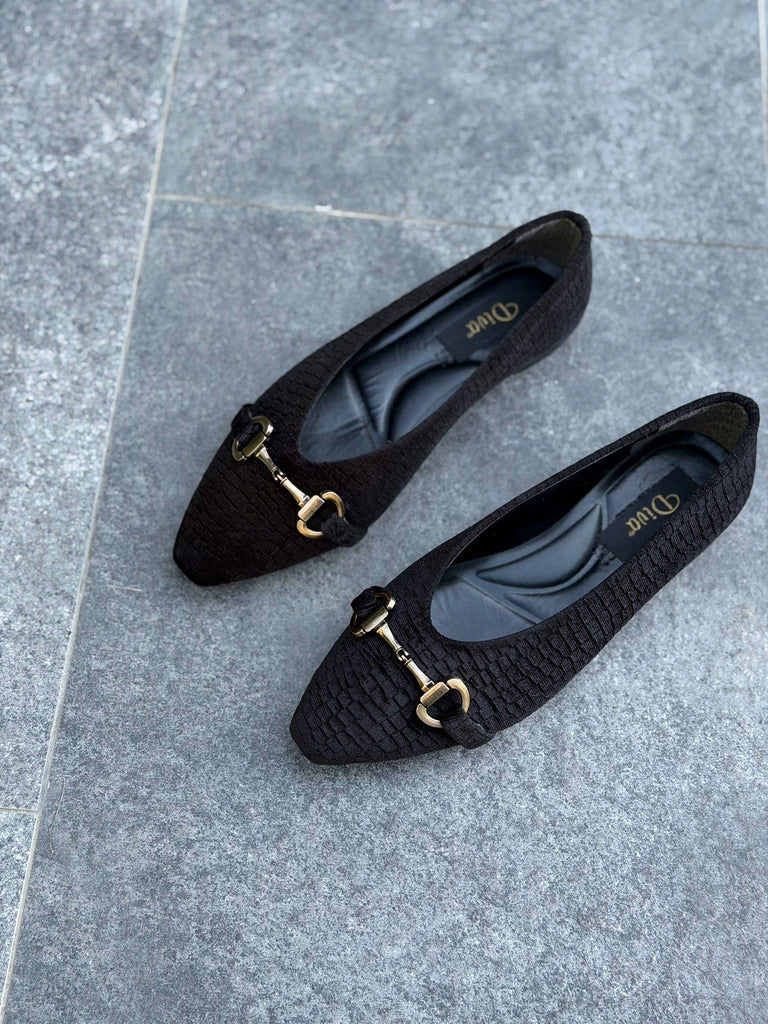 Siyah Kadife Baskı Kadın Günlük Babet