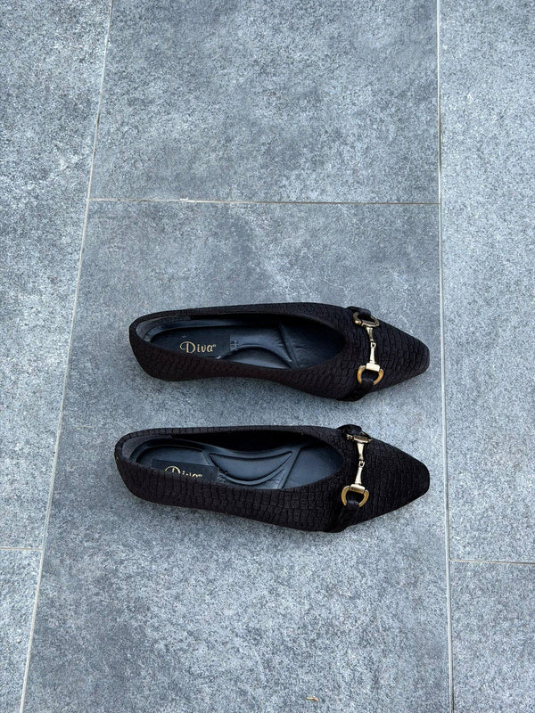 Siyah Kadife Baskı Kadın Günlük Babet