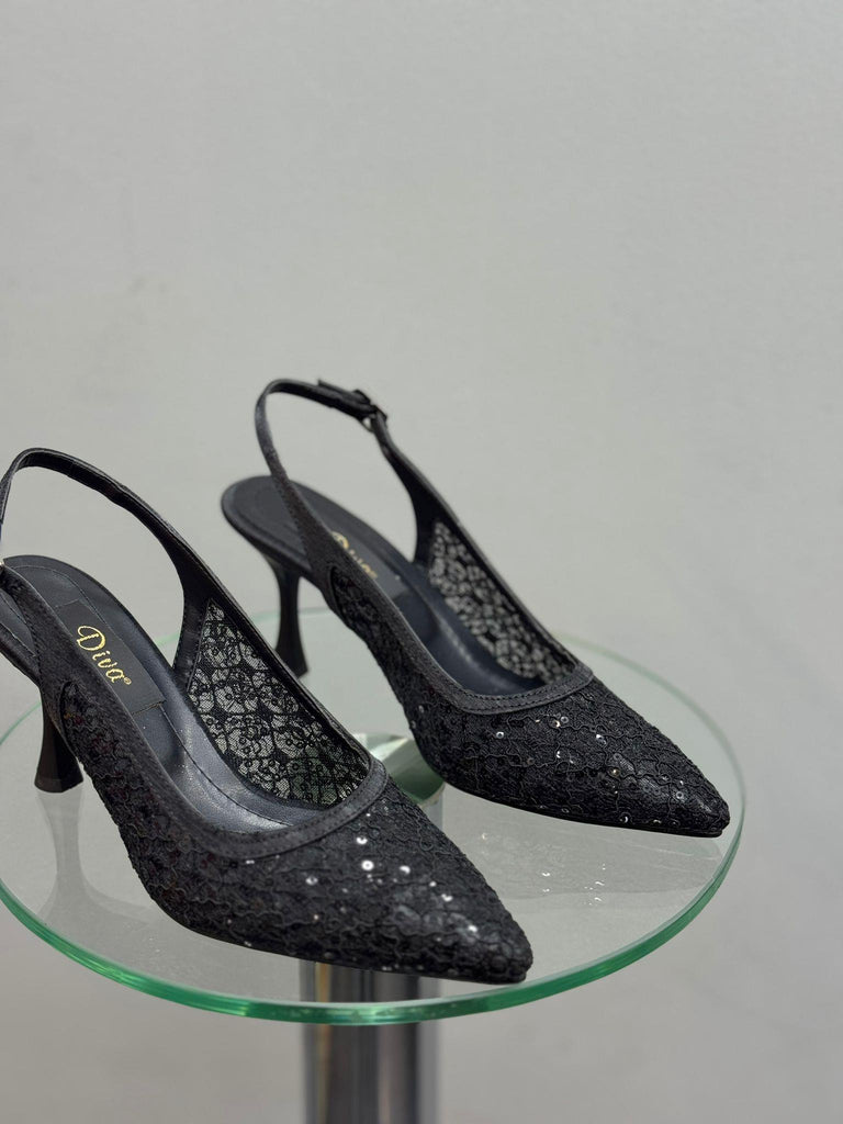 Siyah Pullu File Topuklu Kadın Ayakkabı