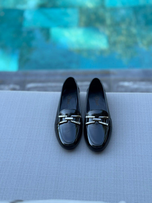 Siyah Rugan Deri Taşlı Kadın Günlük Babet