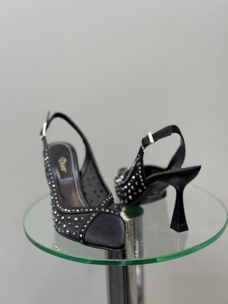 Siyah Taşlı File Topuklu Kadın Ayakkabı
