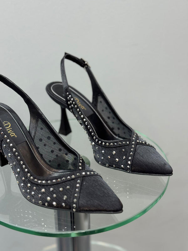 Siyah Taşlı File Topuklu Kadın Ayakkabı