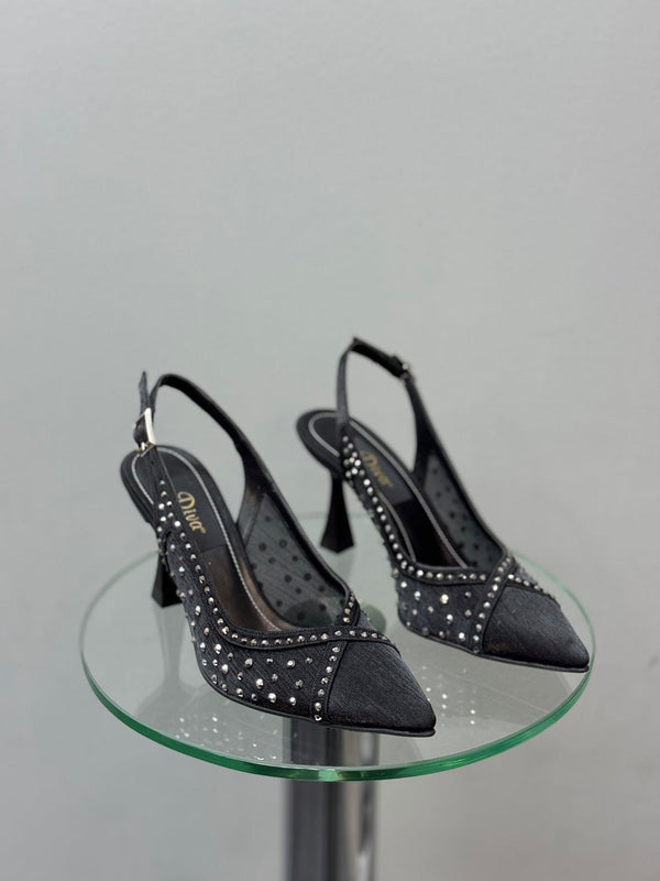 Siyah Taşlı File Topuklu Kadın Ayakkabı